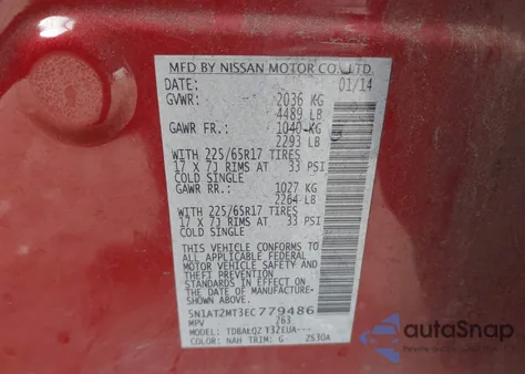 2014 Nissan Rogue Sv z USA, uszkodzony, nr VIN 5N1AT2MT3EC779486